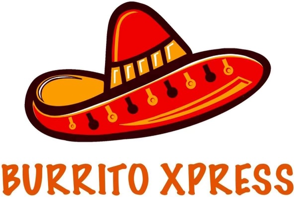 A red and yellow hat with the words " burrito xpress ".